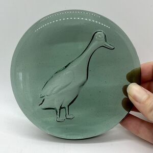 Green Gray Smoke Glass Duck Bird Paperweight 4” Flat Round Disc